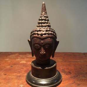 19th Century Bronze Buddha Head on Stand